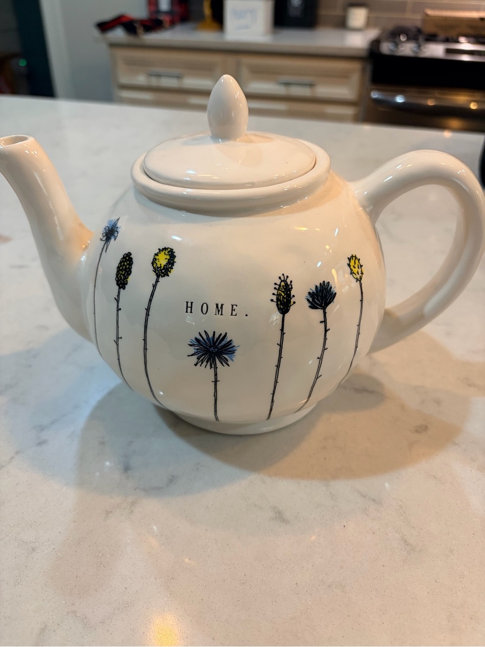 Rae Dunn HOME White Ceramic Teapot with Blue and Yellow Floral Design